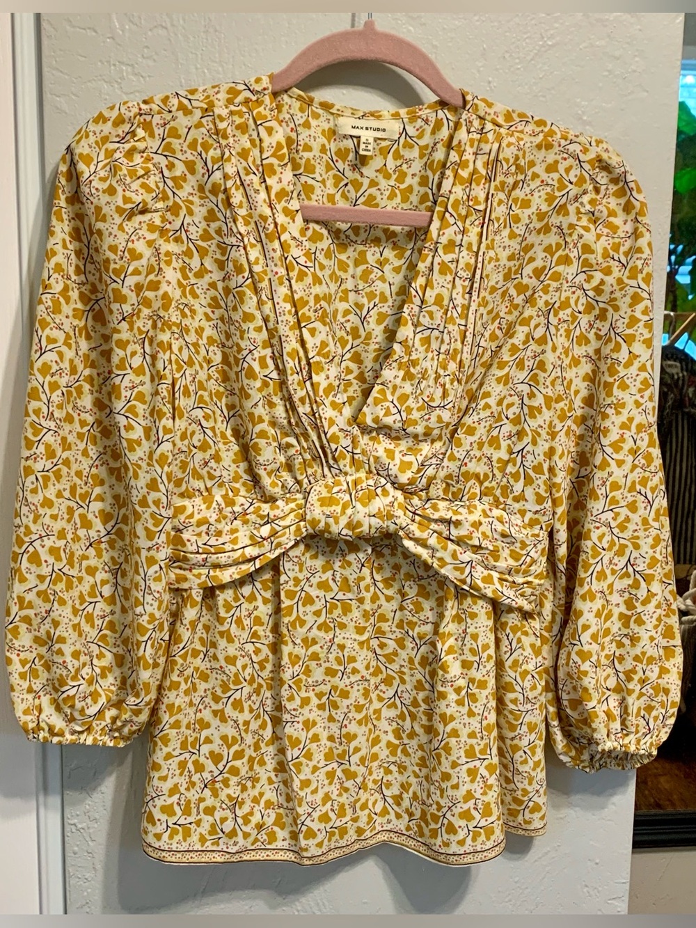 Max Studio Mustard Yellow Floral Tie-Front V-Neck Blouse